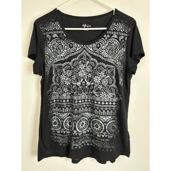 Style & Co. Black & White Boho Print Tee - Size Medium - Picture 4 of 7